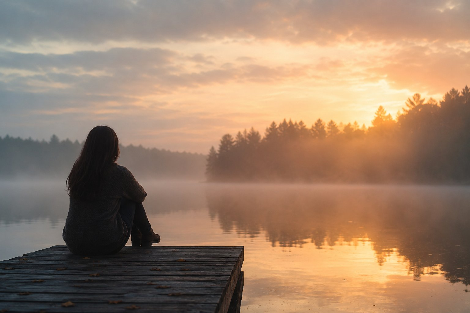 Person sitting peacefully by a lake at sunrise, reflecting on mortality and the meaning of life