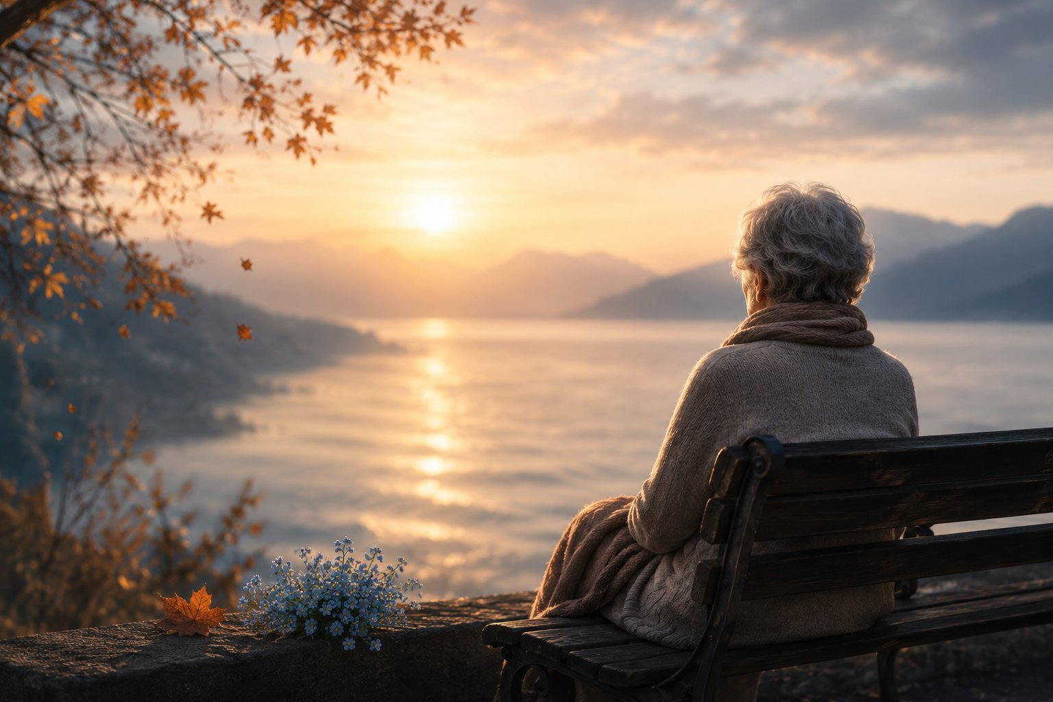 Older adult sitting alone on a bench overlooking a peaceful lake at sunset, reflecting on grief, loss, and emotional healing in later life.