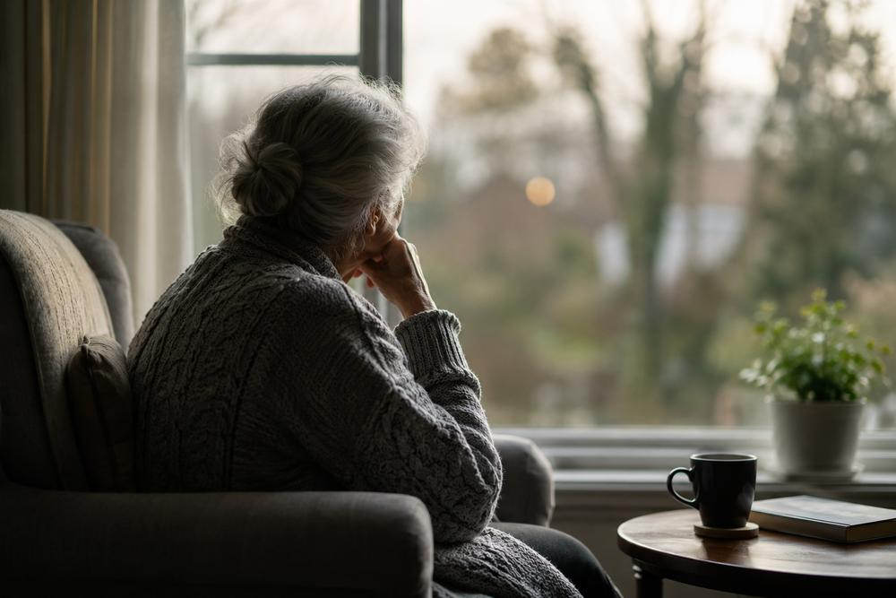 Older woman sitting alone by a window, representing loneliness in older adults.