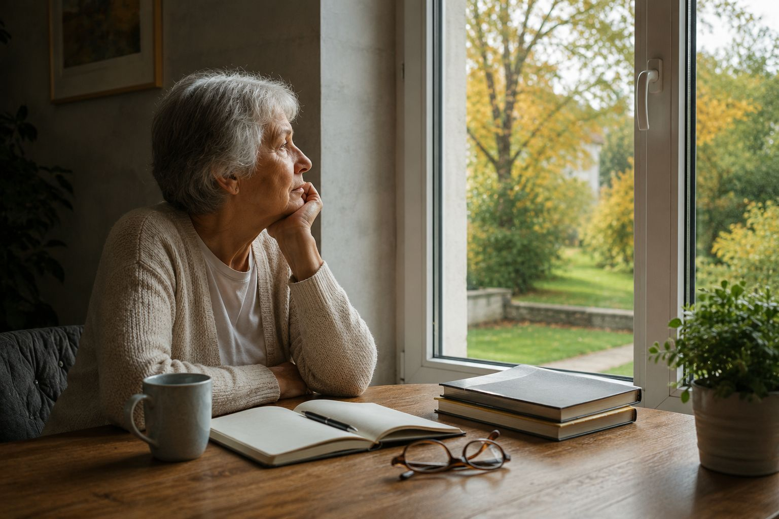 Older woman coping with retirement emotionally while reflecting at home