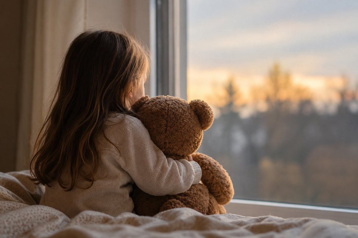 How children grieve: child holding a teddy bear by the window